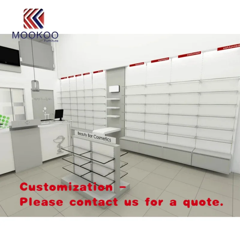 custom.Beauty Bar Cosmetics Factory Direct Sale Good Quality Pharmacy Display Counter Gondolas High Shelf