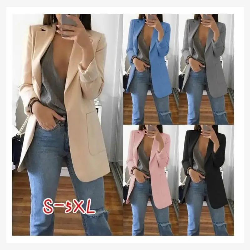Women's Faion Casual  Suit Jaet Coat Outwear Straight  Knot Thiened Long Sve Ultra-ort Single Button