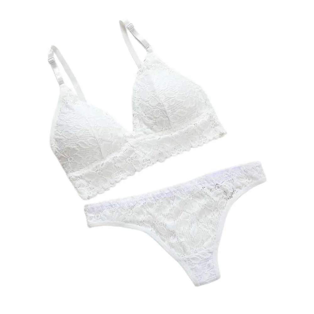 Conjunto de Sutiã de Renda com Decote em V e Calcinhas Florais de Cintura Baixa em Cor Sólida, Kit de Lingerie T-Back para Meninas