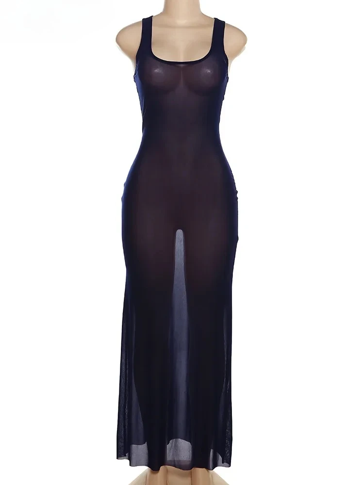 Solid Sheer Pure Cotton Maxi Dress Women Casual Square Collar Sleeveless Slim Robe Lady Holiday Style Streetwear Clothing
