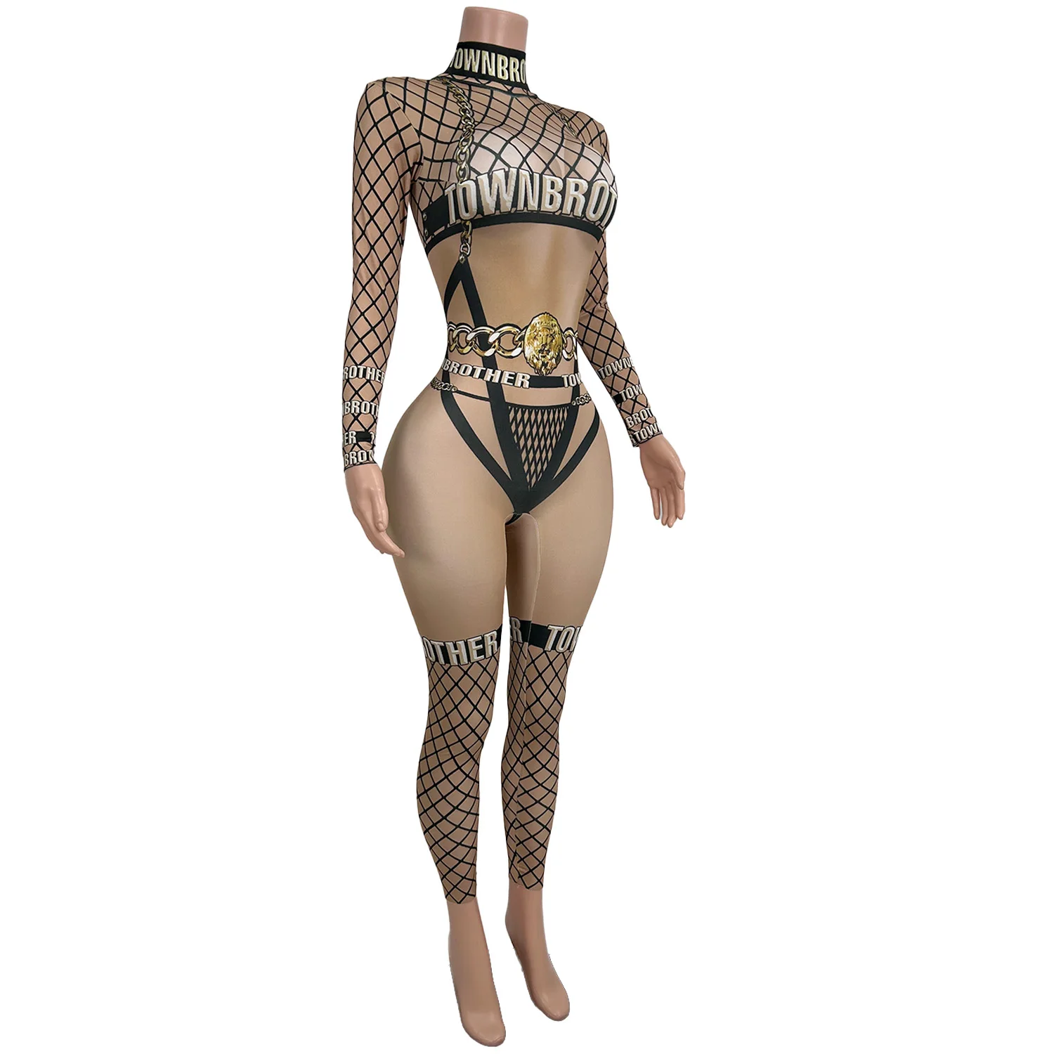 Long Sleeved Spandex Printing Tight Fitting Jumpsuit Celebrate Stage Performance Dress-up Outfit Bar Club Dance Show Sexy Wear