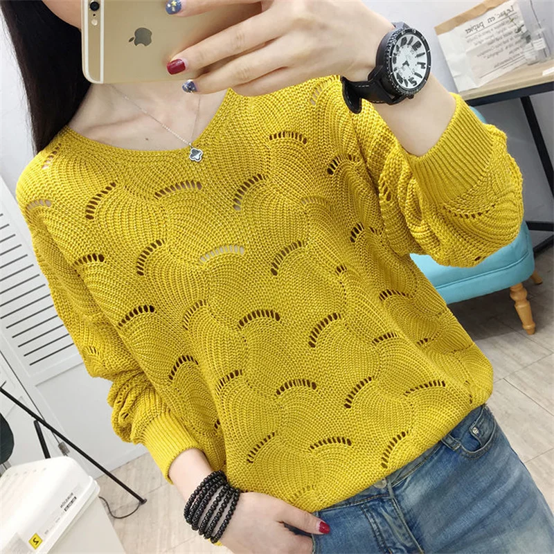 Autumn Winter V-neck Elegant Sweet Knitting Hollow Out Top Women Solid Casual Sweater Ladies Korean Style All-match Pullover2024