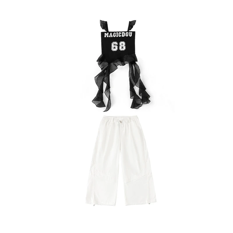 Vêtements de danse Jazz Hip Hop pour filles, Costume Kpop, hauts noirs, pantalons blancs d'été, tenues de pratique amples, Streetwear L16356