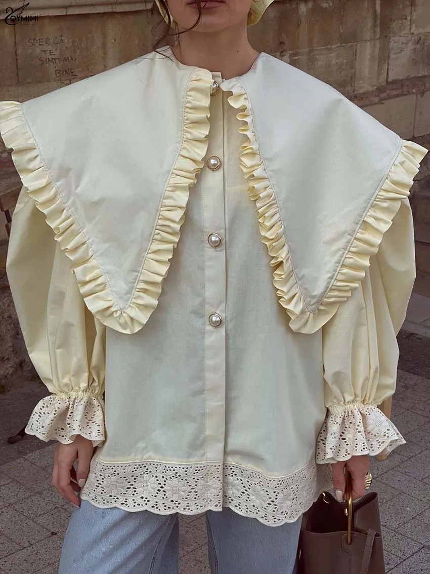 Oymimi Fashion Light Yellow Woman Blouses Elegant Cotton Peter Pan Collar Long Sleeve Blouses Autumn Button Lace Loose Blouse