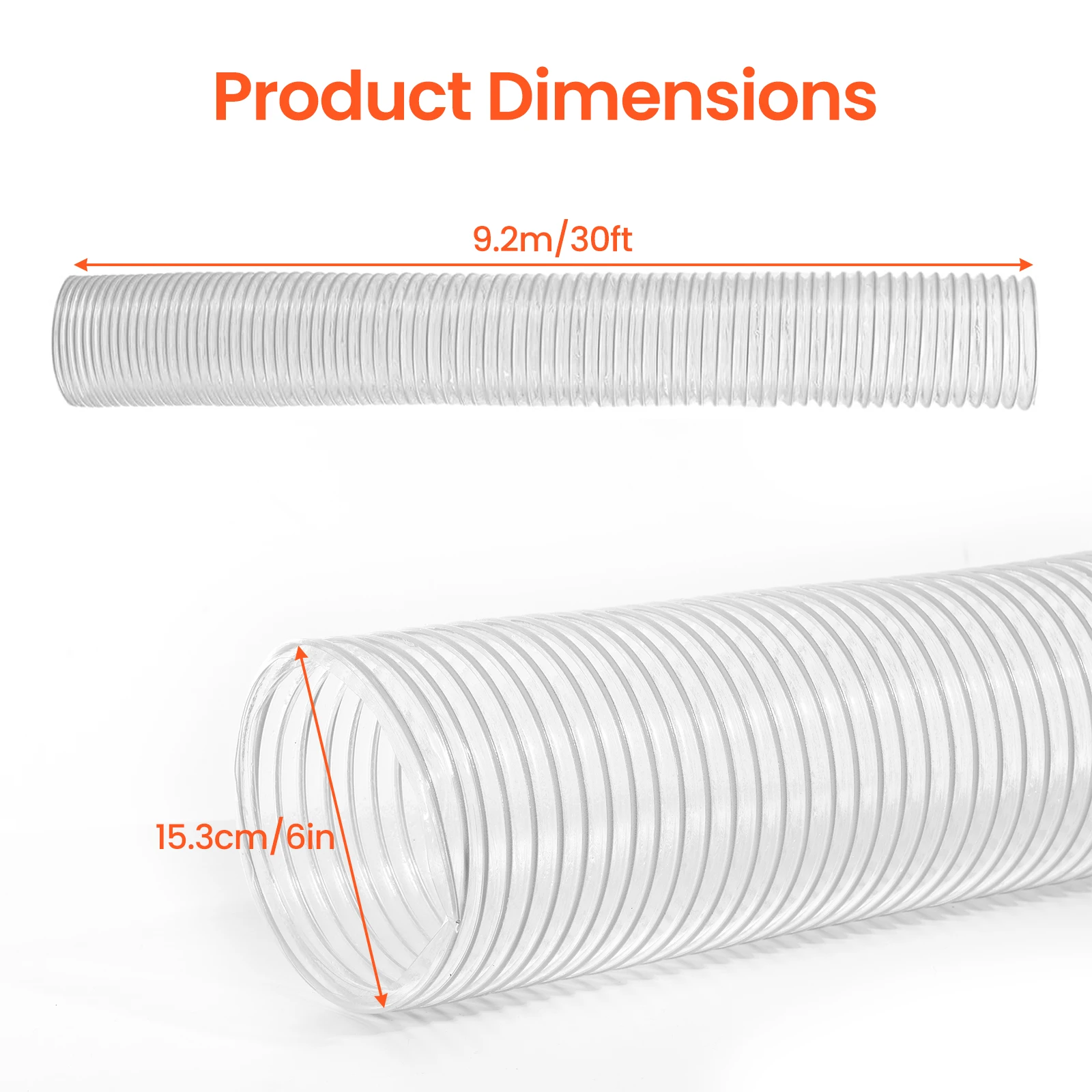 6 Inch * 30 FT Dust Collection Hose with Stainless Steel Clamps, Clear PVC Flexible Tube Puncture Resistant for Woodworking Shop Vacuum Systems