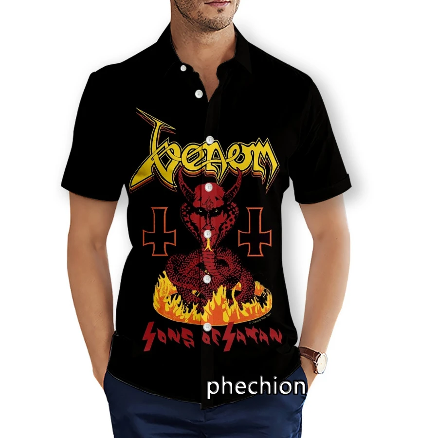 phechion Mens Short Sleeve Beach Shirts Venom Band 3D Print Casual Shirts Fashion Streetwear Men Tops X246