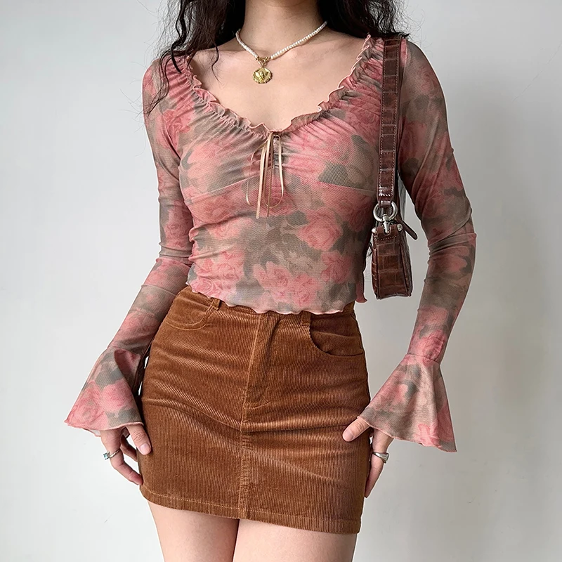 HELIAR Women Ruffles Floral Printed T-shirt Lace Up Flare Sleeve Sweet Elegant Blouse Girl Office Crop Top Beach Tee Autumn