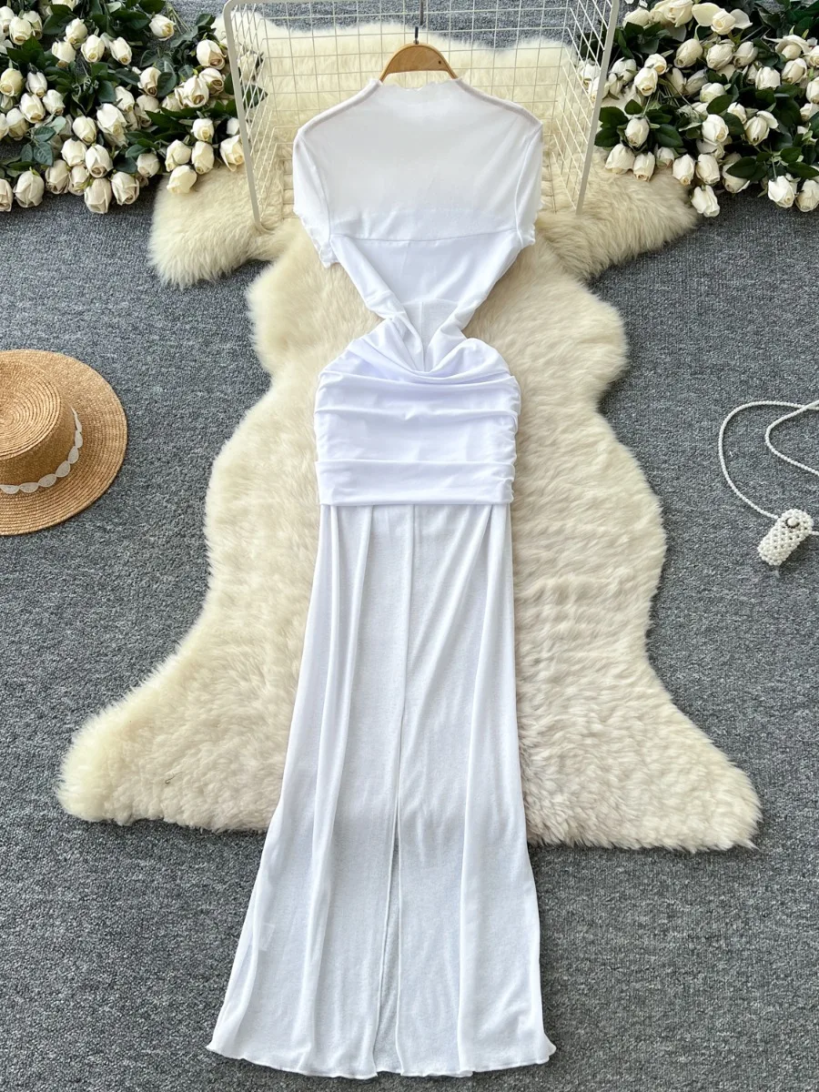 Foamlina-vestido largo blanco de retales de malla para mujer, novedad de verano 2025, vestido ajustado con cintura ceñida, Pure Desire Hot Girl