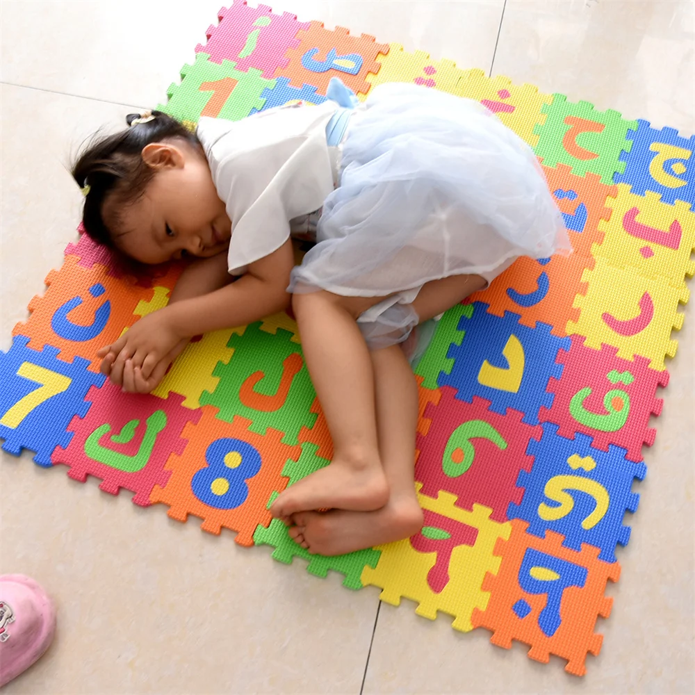 Arabische Kinderschaum-Spielmatte, 14 x 14 cm, ineinandergreifende Alphabet-Zahlen, Bodenpuzzles, bunte EVA-Fliesen, Mädchen und Jungen, weich, wiederverwendbar