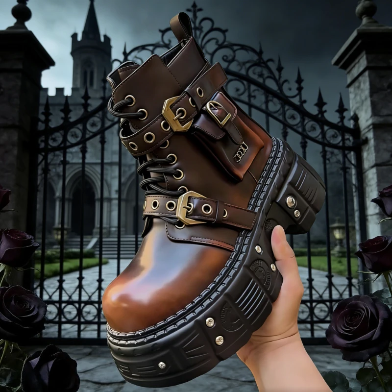 Thick-soled Ankle Boots for Men Retro Design Fashion Height-increasing Leather Boots Punk Style Men with Buckle Motorcycle Boots