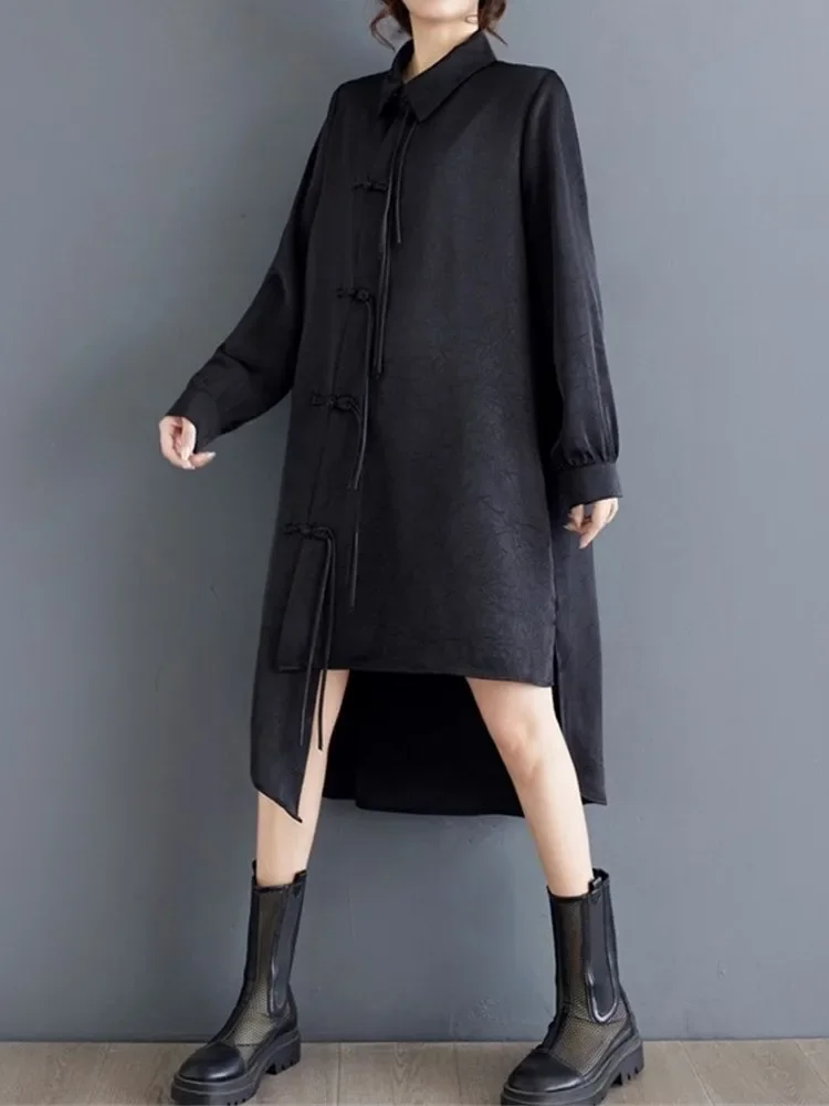 oversized vintage zwart met lange mouwen nieuw in jurken voor dames casual losse midi lente herfst shirtjurk elegante kleding 2025