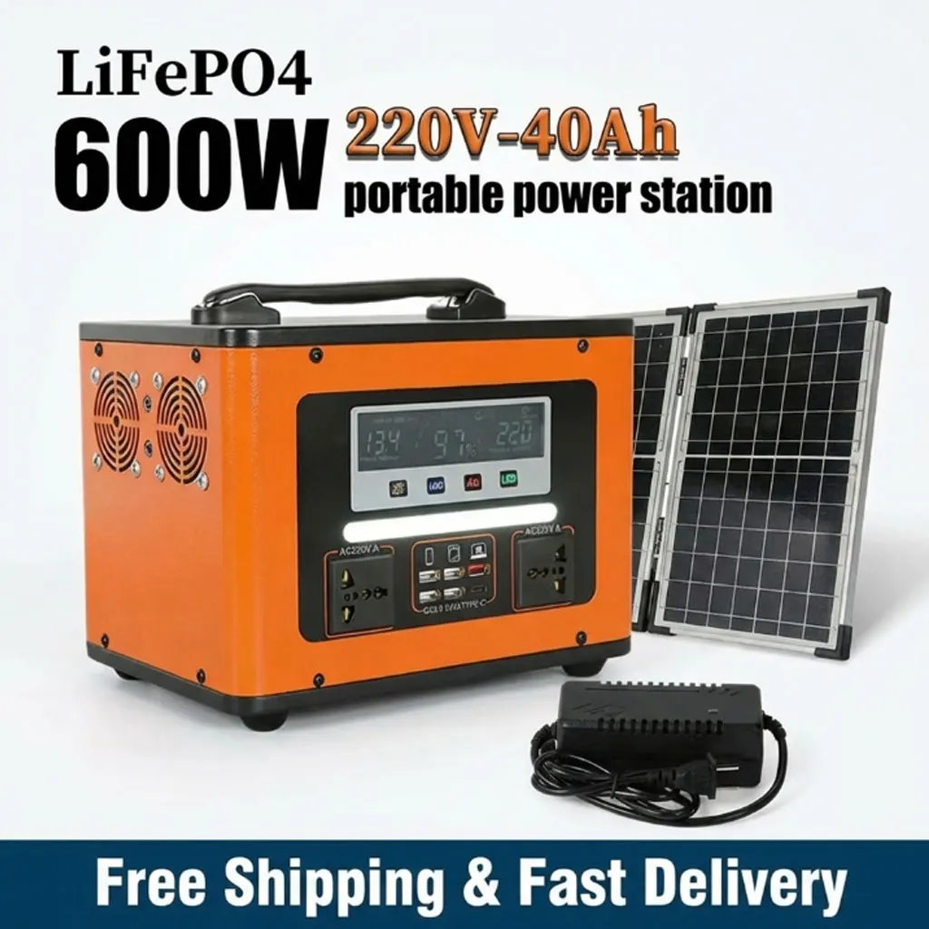 

40Ah 600W 220V Portable Charging Station, Solar Generator Fast Charging Lithium Battery with AC DC Ports & LED Flashlight