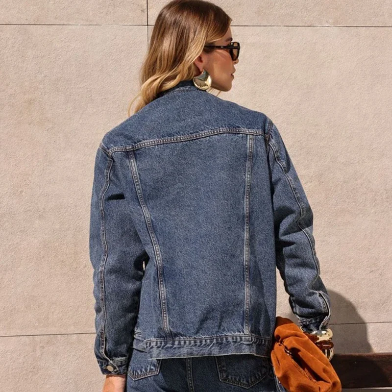 Retro Loose Denim Jacket Women's Fashion Lapel Single-Breasted Pocket Long-Sleeved High Street Coat Autumn Commuter Coat