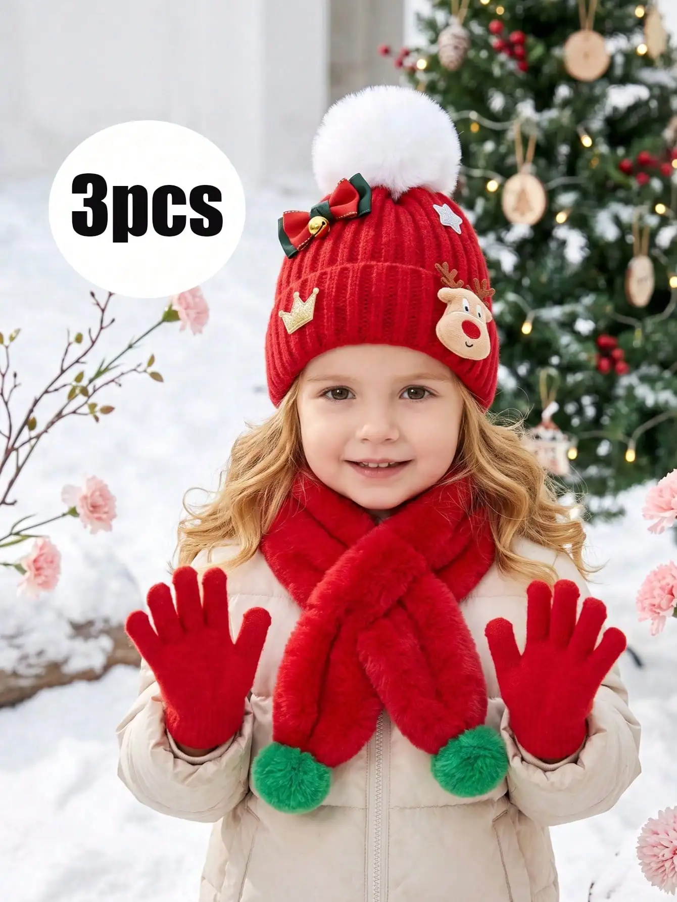 3pcs 2-6Y Kids Girls Cute Knitted Set, Bright Red Antler Decor, Hat Scarf Gloves 3 Pieces Kit, Great Gift For Holiday Occasions