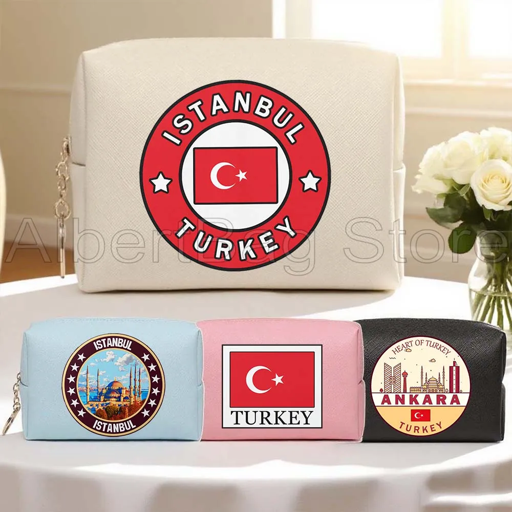 

Istanbul Ankara Landscape Turkey Flag Map Skyline PU Leather Travel Cosmetic Bags Women Makeup Waterproof Toiletry Storage Bag
