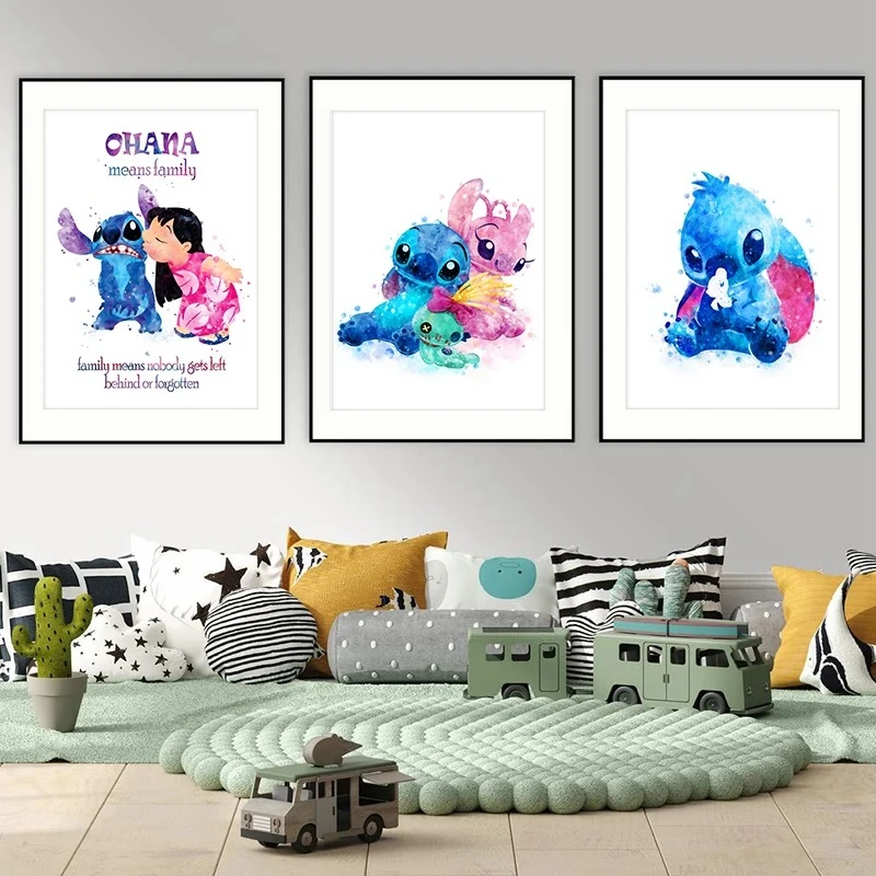 Lilo and Stitch Watercolor Art Print Ohana Means Family Poster Kids Birthday Gift Stitch Canvas Painting Nursery Kids Wall Decor