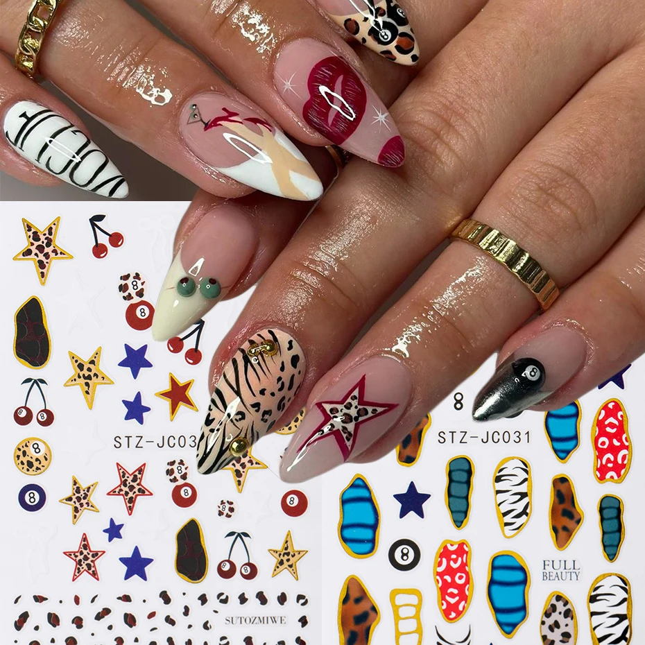 Vintage Billard 8-Ball Würfel Y2K Nagelaufkleber mit Zebra-Print, Leopardenmuster, Stern und Kirsche im goldenen Rahmen-Design Nagelsticker