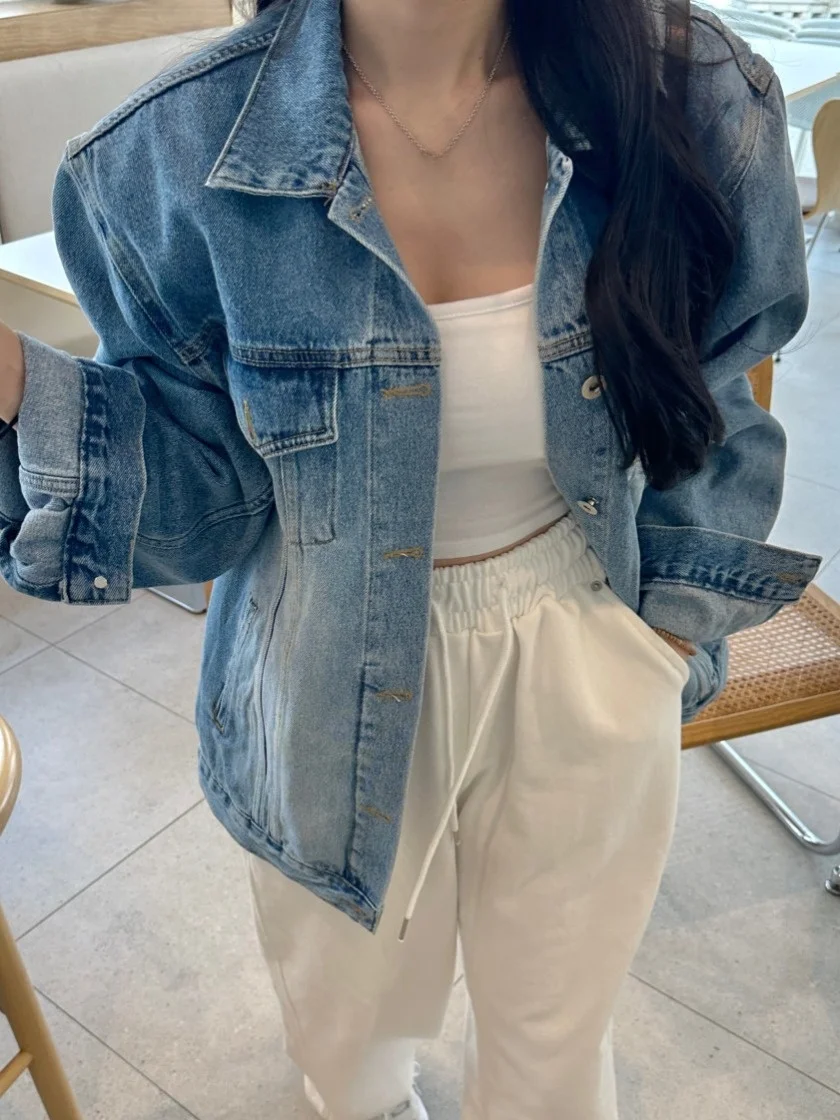 

Retro Hong Kong Sle Chic Autumn New Irregular Button ket Long Sve Women's Denim Jaet Vintage Waed Casual Outerwear