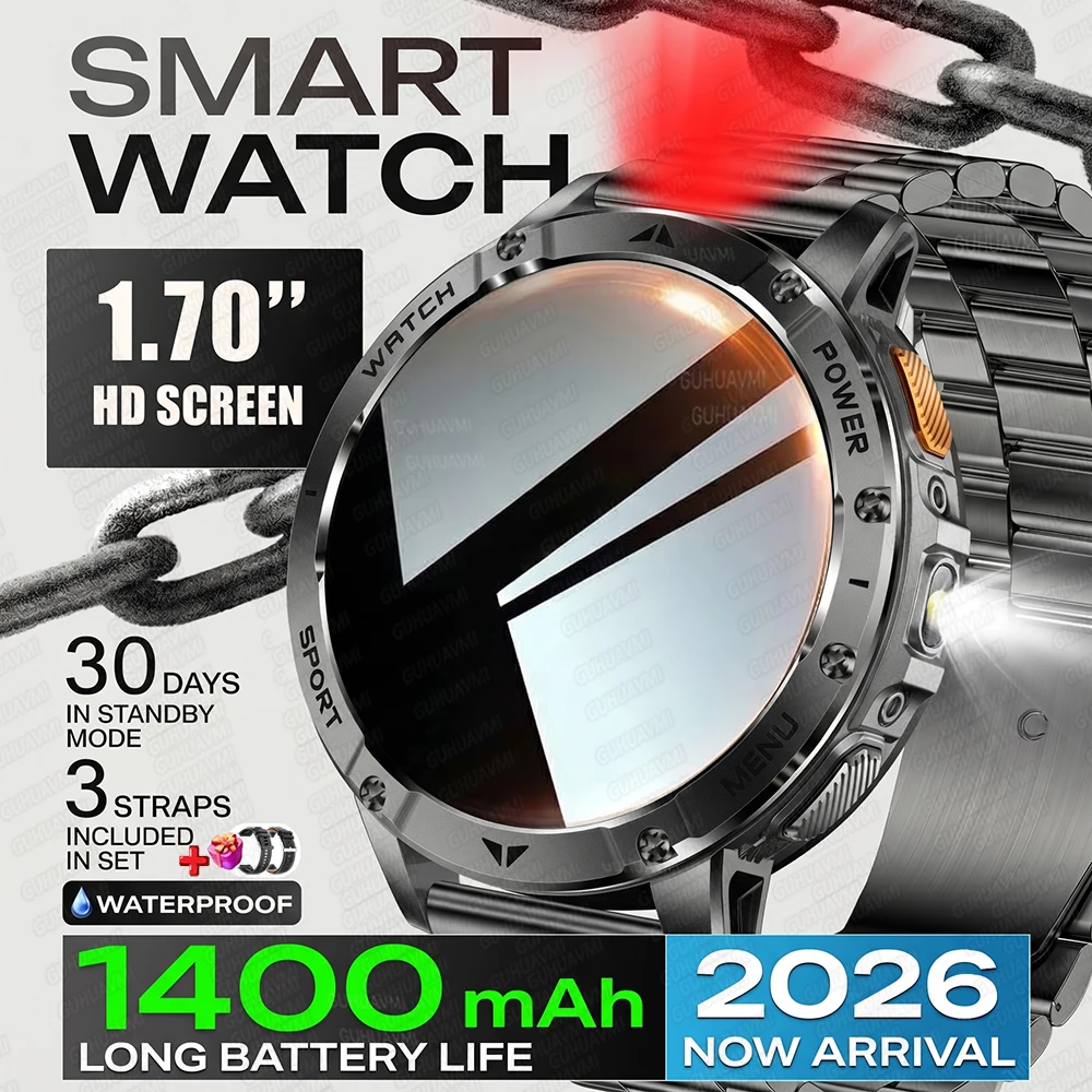 

2026 Military Smart Watch Men 1.70" HD Screen 1400mAh Battery 10ATM Waterproof Bracelets Flashlight Bluetooth Call Sport Watches