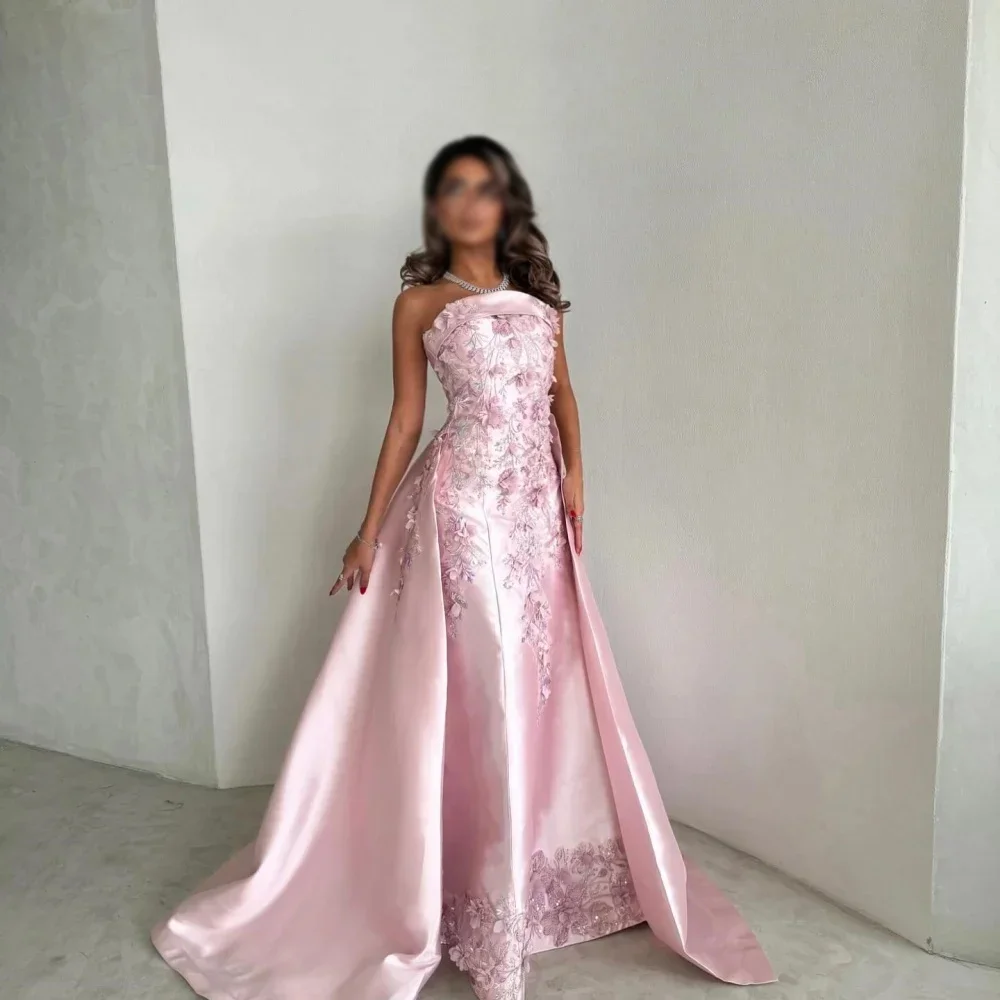 

Pink Elegant Evening Dresses Formal Party Prom Gowns Strapless Floor-Length A-Line Backless Evening Prom Dresses Customized