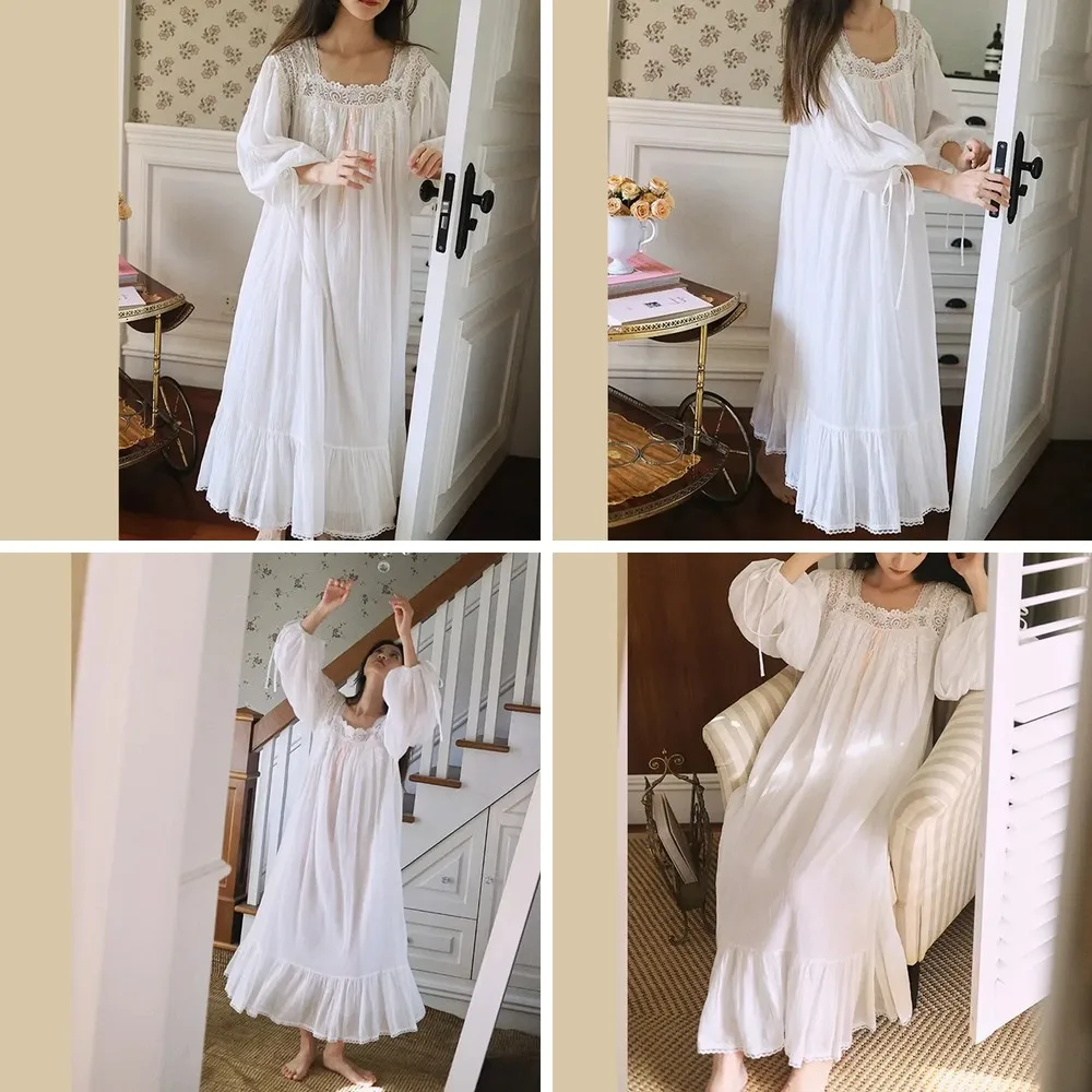 

2024 French Lace Square Collar Nightgown - Sexy Long White Cotton Nightdress with Full Sleeves, Loose Fit