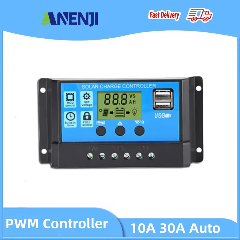 PWM 10A 30A Solar Charge Controller 12V24V Auto Battery Charge Regulator PWM Controller LCD Dual USB For Solar Panel PV Home