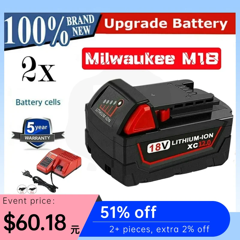 

Подходит для литий-ионных аккумуляторов Milwaukee M18 M18B6 18 в XC 9 Ач/6 Ач 48-11-1860