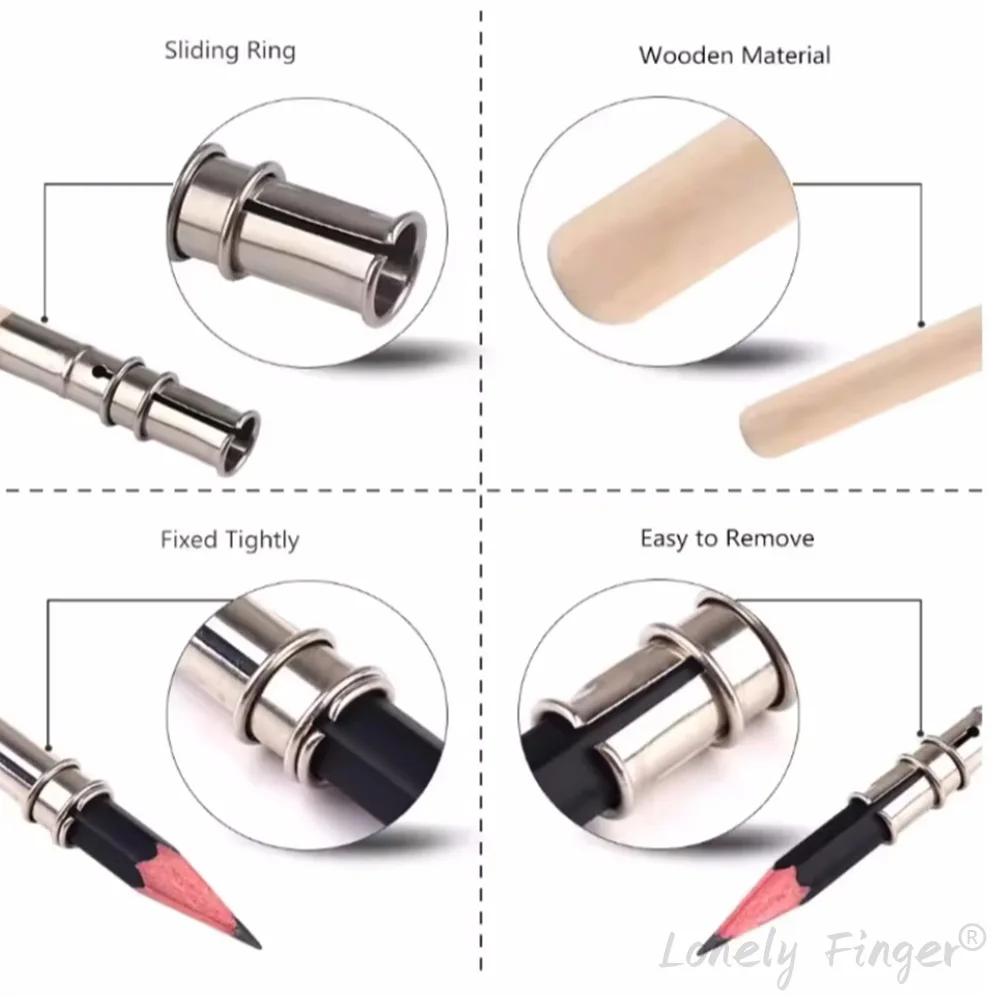 2/6/10pcs Durable Non-Slip Stainless Steel Pencil Extender Wood Handle Strong Stable Metal Extension for Writing Tools
