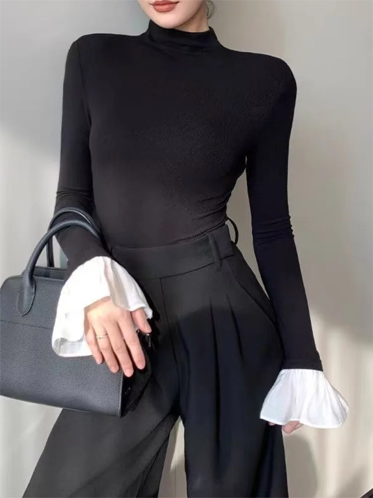 Koreaanse coltrui met lange mouwen Basic T-shirt voor dames Herfst en winter Slanke zwarte warme top Mode magere elegante dame T-shirt