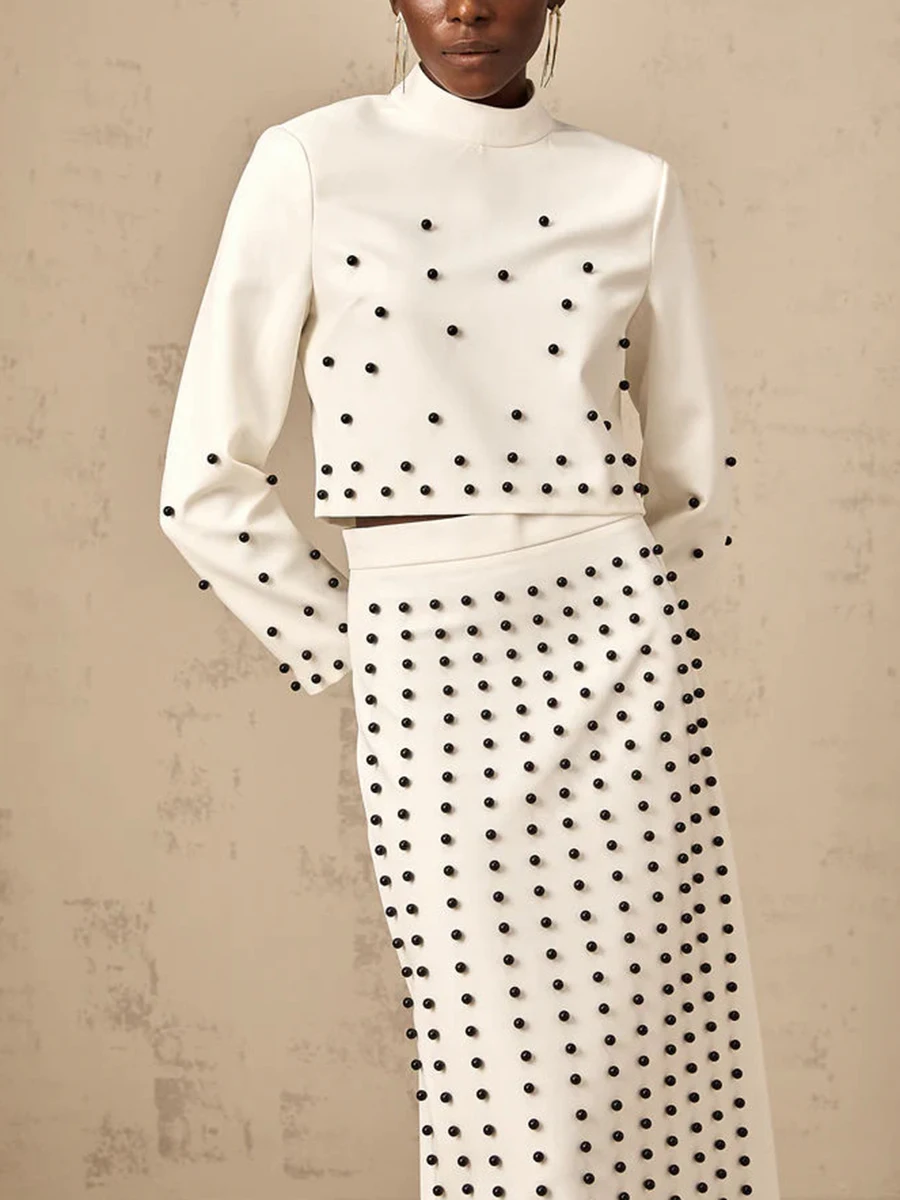 TWOTWINSTYLE Slimming Two Piece Set For Women Round Neck Long Sleeve Top High Waist Skirt Spliced Pearls Elegant Sets Female New