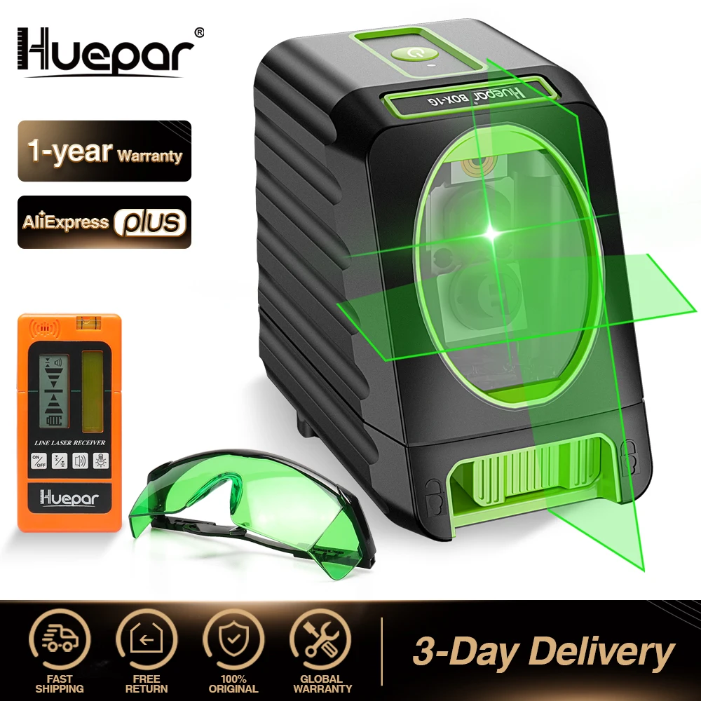 

Huepar Self-leveling Green Beam Cross Line Laser Level+Huepar Digital LCD Laser Receiver+Huepar Safety Laser Enhancement Glasses