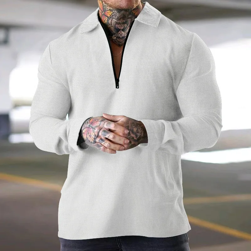 Autumn Men's Long-sleeved T-shirt Heavy Waffle Thin Lapel Polo Shirt Horse Jersey