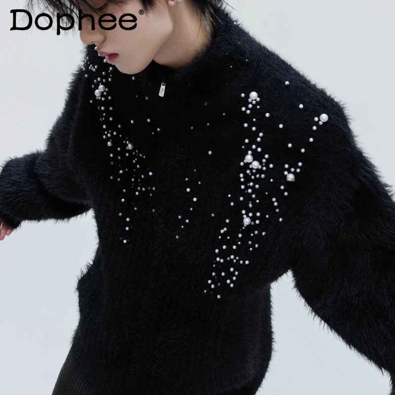 

2025 Men's Autumn Winter New High Collar Plush Pearl Decoration Cardigan Sweaters Elegant High-end Thick Solid Color Knitwears