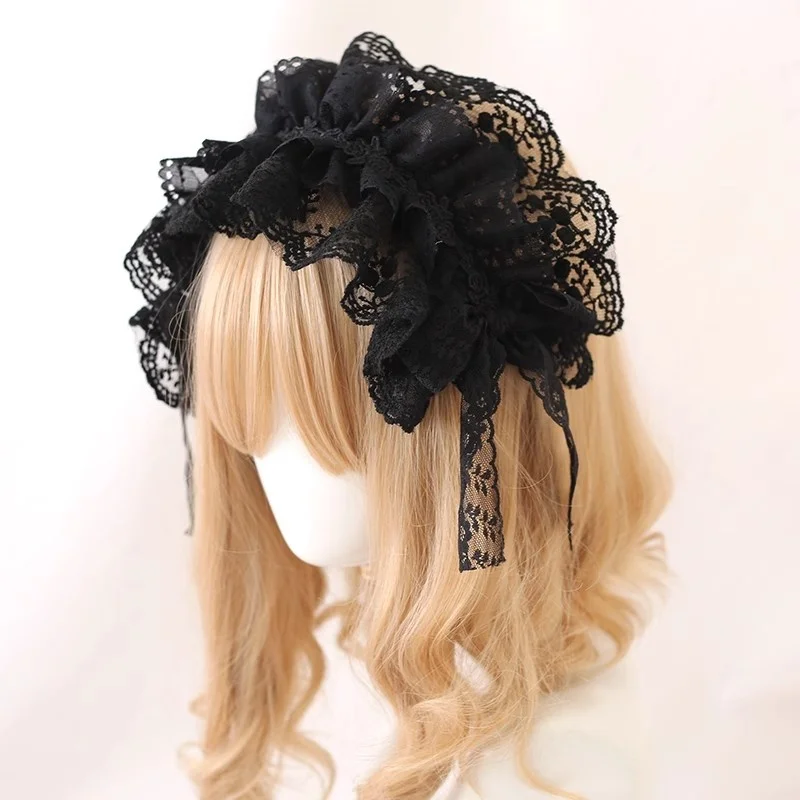 Black Lace Lolita Headpiece Doll Bow Hairband Halloween Cosplay Gothic Black Subculture Punk Handmade Multi-layer Lace Hairban