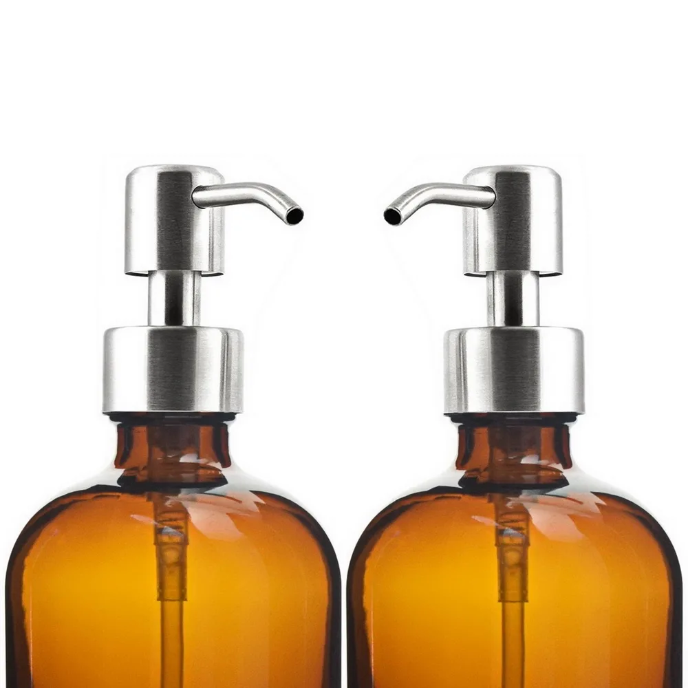 Amber Glass Soap Dispenser, Kitchen Bathroom Hand Dish Soap Dispenser Set with Rustproof Stainless Steel Pump, 2Pcs, 16 Oz 500ml