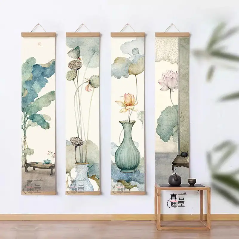 Wall Art Home Decor Chinese Lotus Painting Hanging Scroll Set of 4 Zen Wabi Sabi Japandi Floral Art for Tea Room Living Room