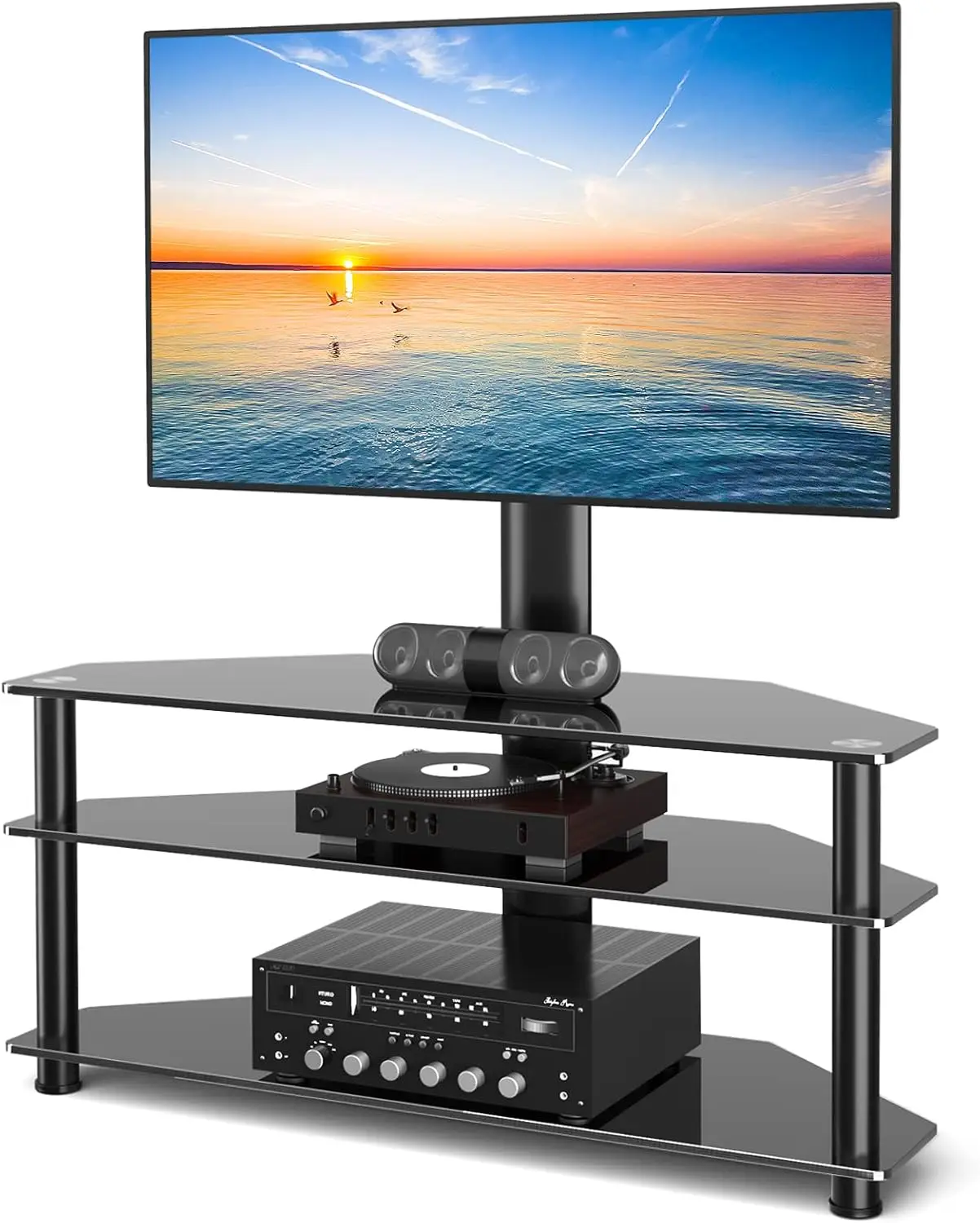 Furniture Swivel Floor TV Stand with Table for 32-70 Inch TVs, Universal Height Adjustable TV Floor Stand with Large Storage