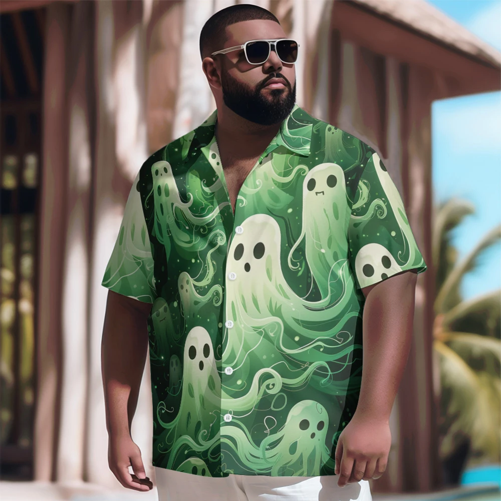 

New Hawaiian Shirt Men Goth Men Halloween Green Cartoon Ghost Printed Casual Short Sleeve Tops Vintage Plus Size Summer Shirts