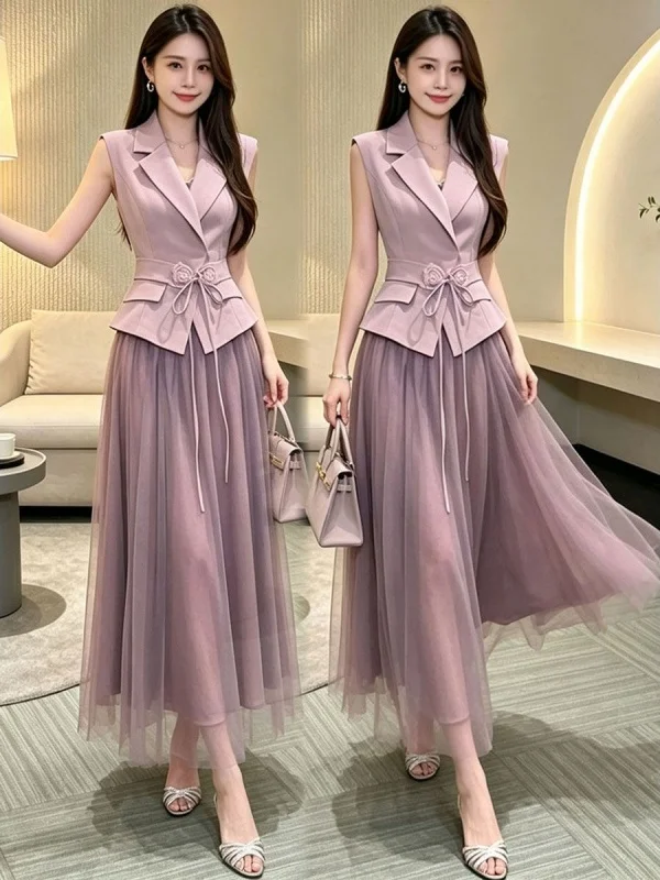 Elegant Sleeveless Collared Vest Mesh Half Skirt Women's 2026 Summer New Style Lady Two-Piece Set Fashionable And Stylish