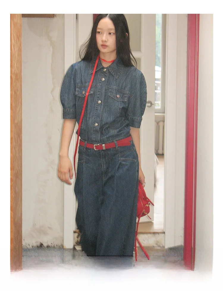 

Retro CECI London Old Port Denim Short Sleeve Shirt Thin Design Sense Women's Cotton Blend Summer Fashion Top