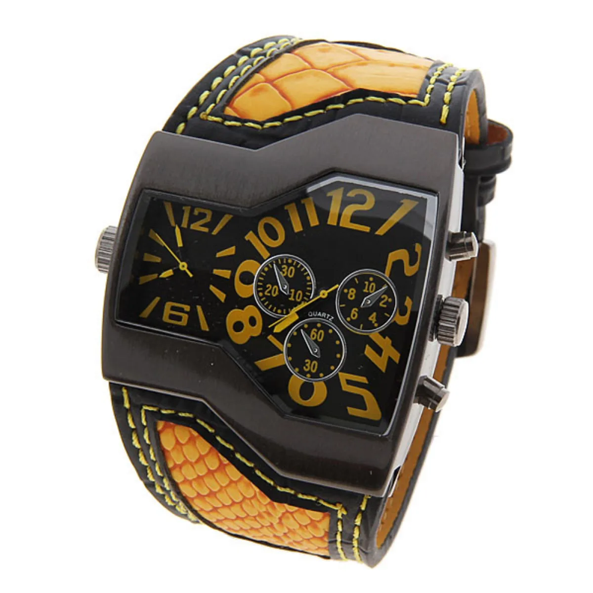 

Men's Dual Time Display Quartz Watch 1220 Yellow PU Band Alloy Case Waterproof 30m Outdoor Sports Wristwatch Men's Watch