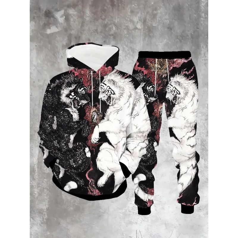 

2025 Large Men's Hooded Sweater Pants Set Hegemonic Black White Double Tiger 3D Printing Personalized China-Chic Style