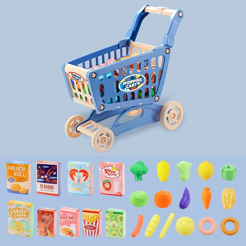 Juego de carrito de compras de juguete de juego de rol, carrito de comestibles con comida de imitación, accesorios de cocina para niños (azul)