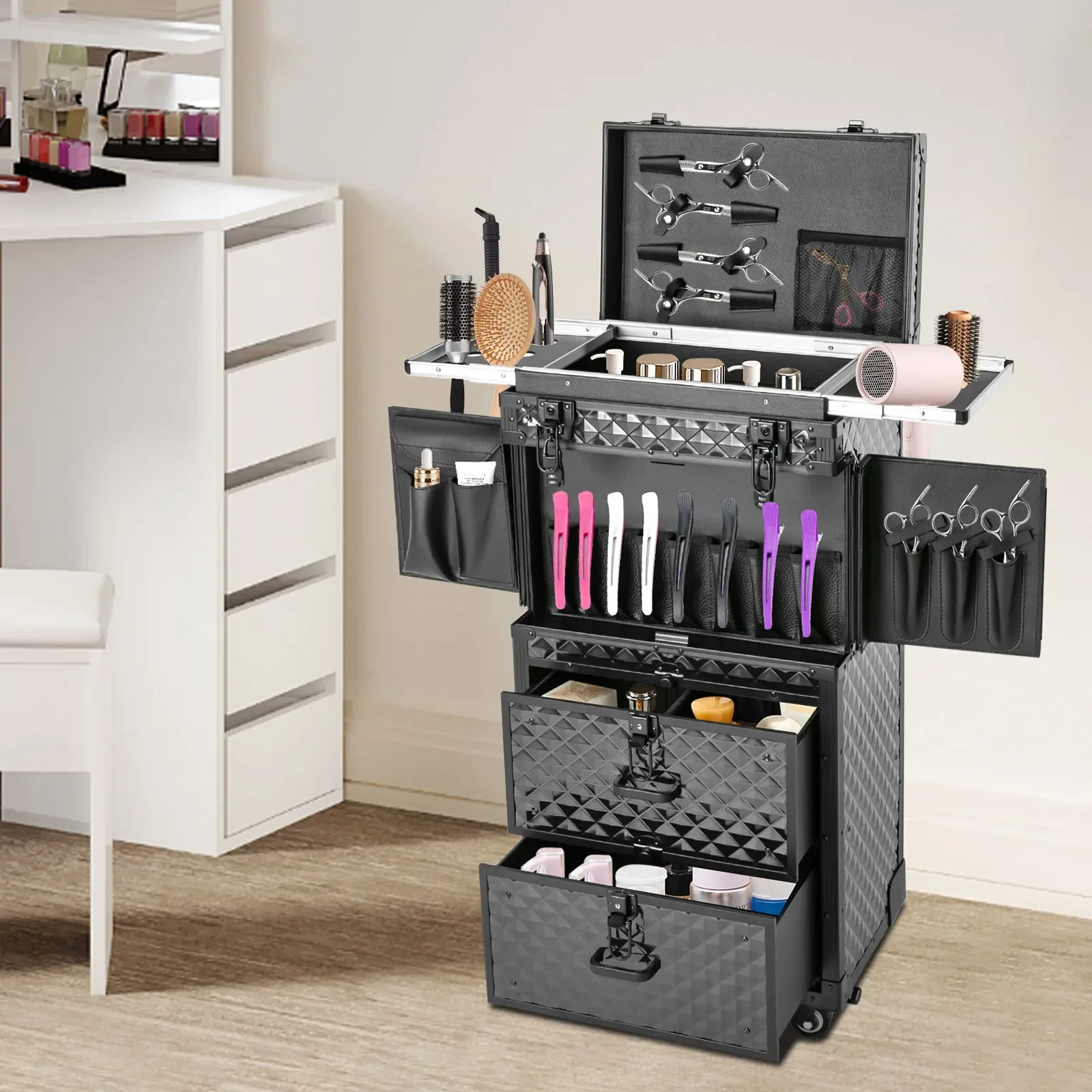 

Lockable Rolling Makeup Train Case Hairdressing Cosmetic Travel Case 4 Layers Black with Wheels for Professional Make-up Artists