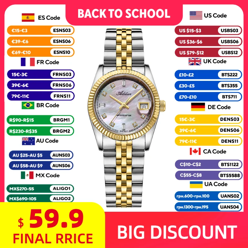 ADDIES Neue Luxus-Damenuhren, 28 mm, Saphirglas, 50 m wasserdicht, 316L-Edelstahl, Business-Quarz-Armbanduhr für Damen