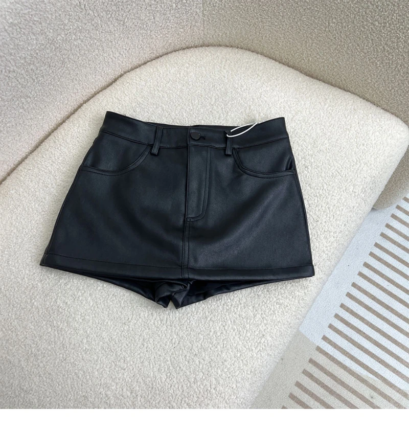 Bomon Y2K American Retro Black PU Leather Skirt Skirt Sexy Spice Women's Autumn New High-Waisted A-Line Wrap Hip Short Culottes