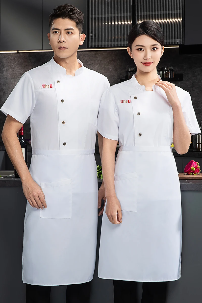 夏用シェフジャケットエプロン帽子半袖シェフユニフォームメンズブラックシェフコートロゴレストランホテルキッチン調理服