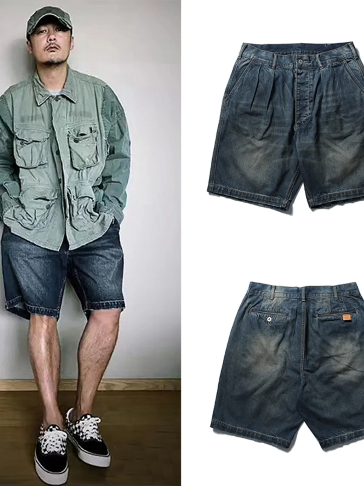 

MDNS MADN Waed Denim orts Youth Casual Loose Fit Pleated Five-Quarter Length Japanese Sle Vintage Blue Jeans orts