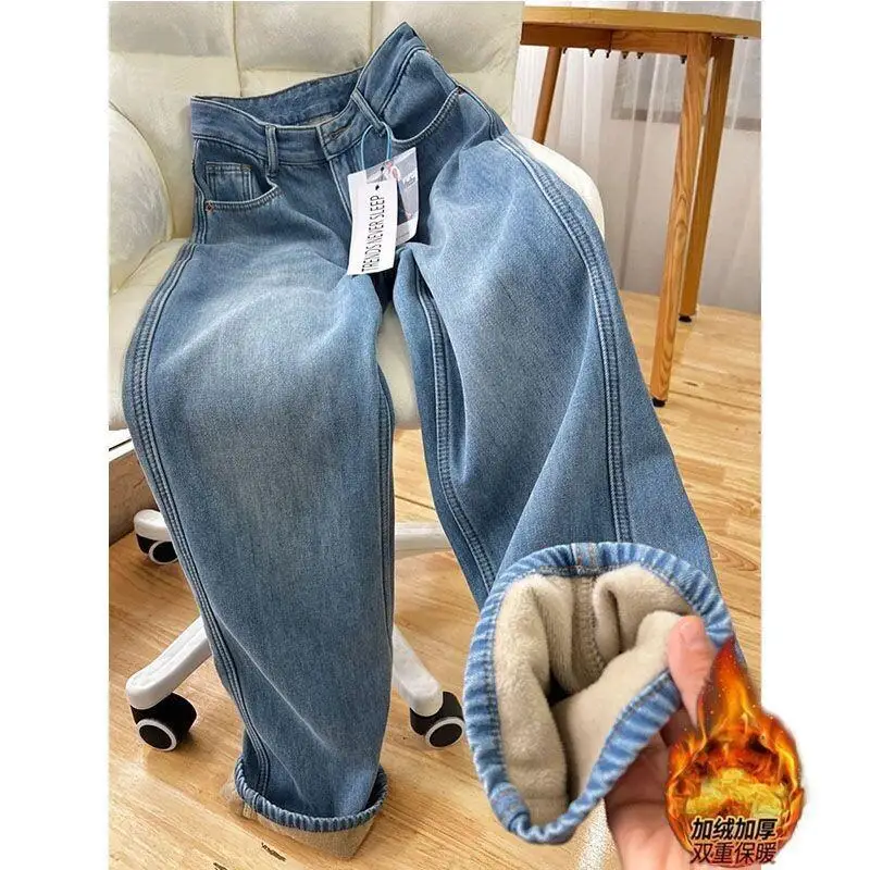 

Женские брюки дышащие винтажные мягкие джинсовые зимне-осенние флисовые толстые прямые широкие джинсы миниатюрные свободные длинные брюки с высокой талией