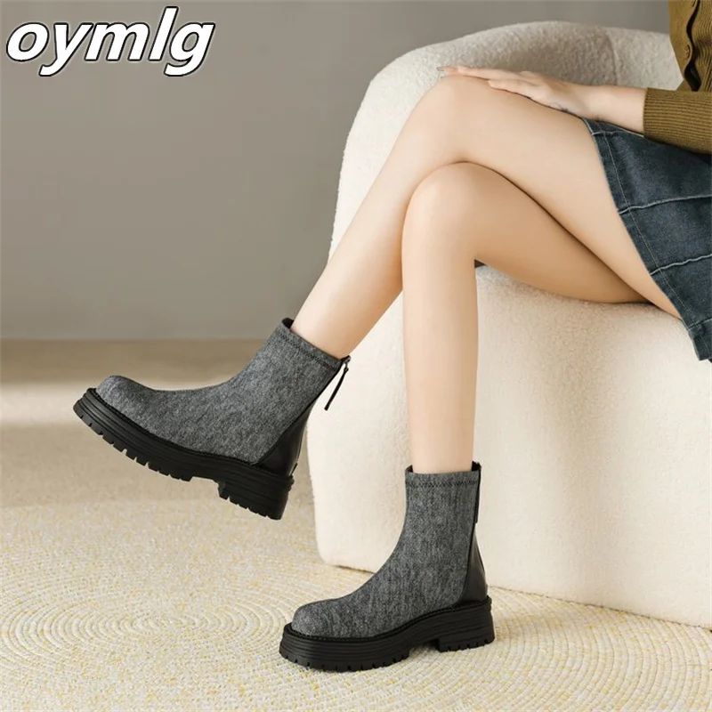 

Vintage Matsutake Heel Short Boots Women's 2023 Autumn and Winter New Thick Sole Elastic Boots Slim Women's Boots